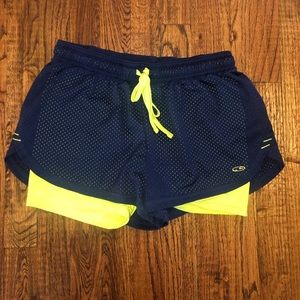 Champion Navy Mesh Shorts with Neon Green Spandex